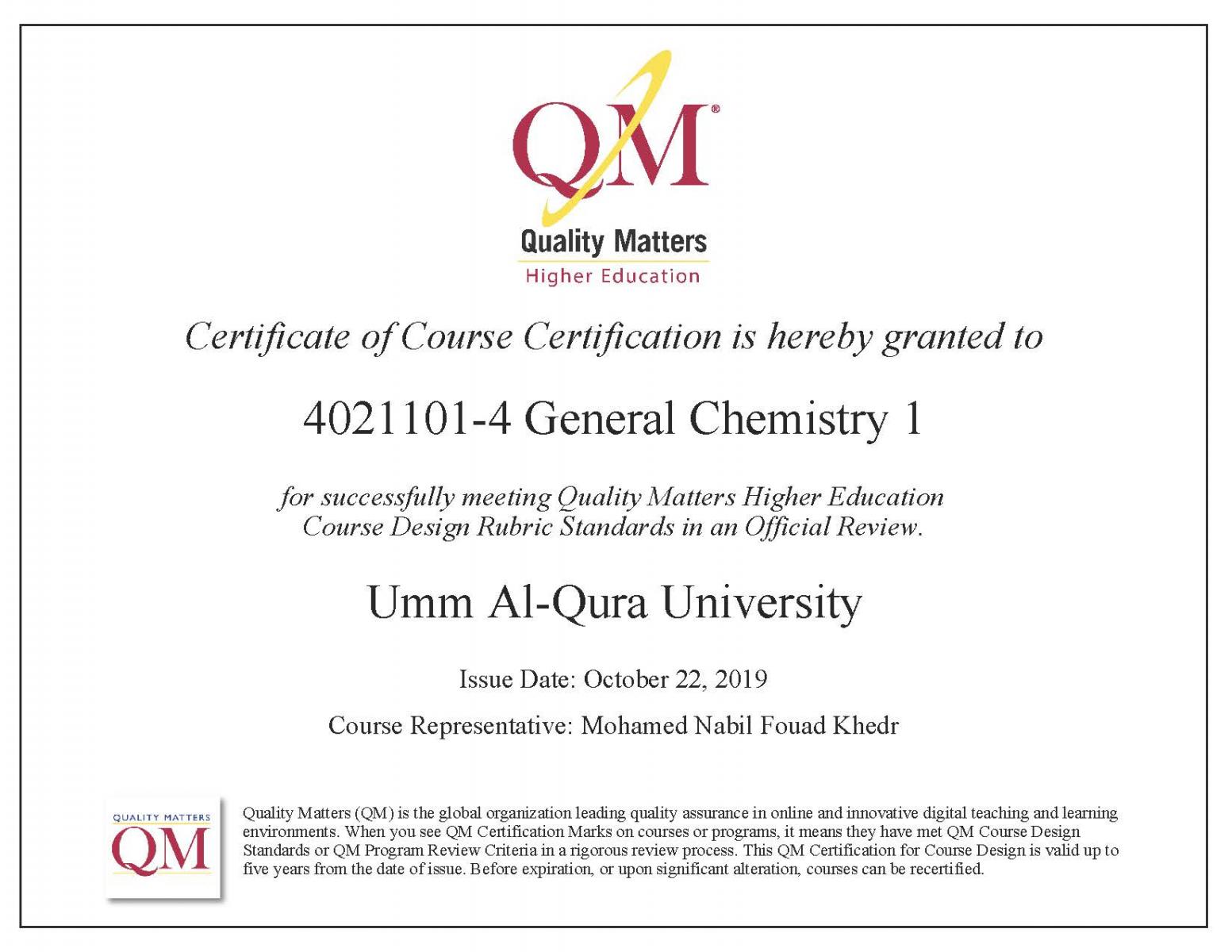 Chemistry Certificate QM
